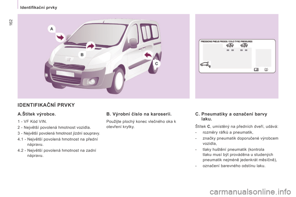 Peugeot Expert Tepee 2014  Návod k obsluze (in Czech) 162
   Identifikační prvky   
 IDENTIFIKAČNÍ PRVKY 
  A.Štítek výrobce. 
 1 - VF Kód VIN. 
 2 - Největší povolená hmotnost vozidla. 
 3 - 
Největší povolená hmotnost jízdní soupravy.
