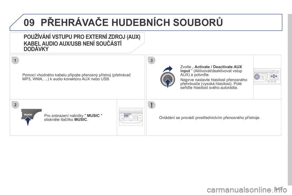 Peugeot Expert Tepee 2014  Návod k obsluze (in Czech) 9.47
09 PŘEHRÁVAČE HUDEBNÍCH SOUBORŮ 
            POUŽÍVÁNÍ VSTUPU PRO EXTERNÍ ZDROJ (AUX)  
KABEL AUDIO AUX/USB NENÍ SOUČÁSTÍ 
DODÁVKY 
KABEL AUDIO AUX/USB NENÍ SOUČÁSTÍ 
DODÁVKY 