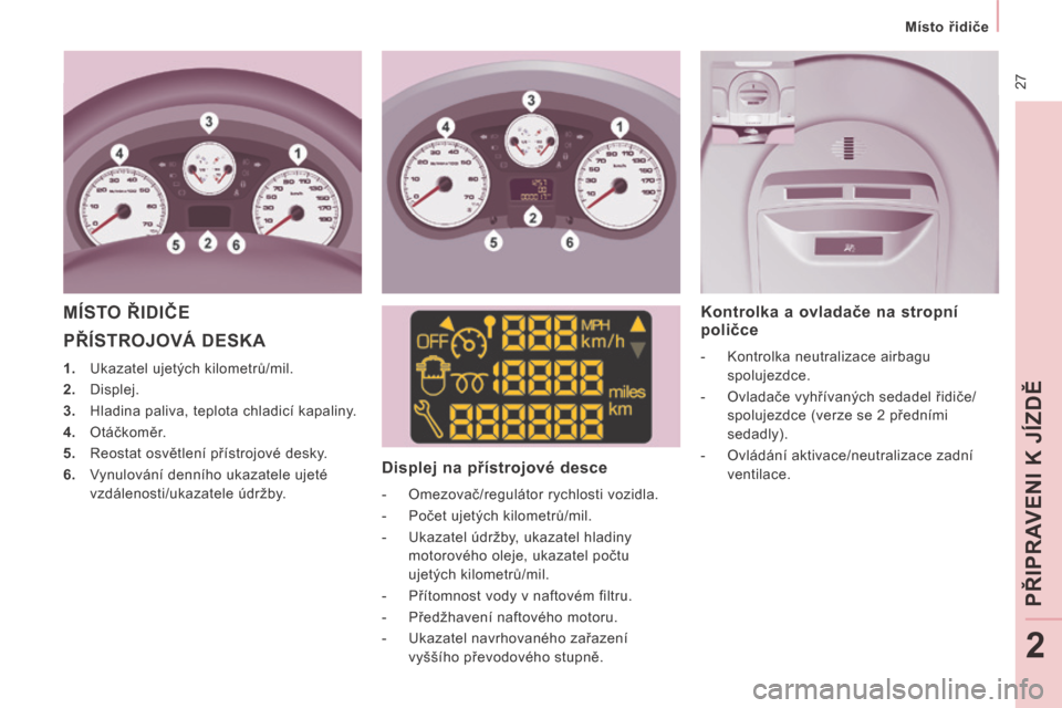 Peugeot Expert Tepee 2014  Návod k obsluze (in Czech)  27
   Místo řidiče   
PŘIP
R AV
ENI K JÍZDĚ
2
 PŘÍSTROJOVÁ DESKA 
   1.   Ukazatel ujetých kilometrů/mil. 
  2.   Displej. 
  3.   Hladina paliva, teplota chladicí kapaliny. 
  4.   Otá�