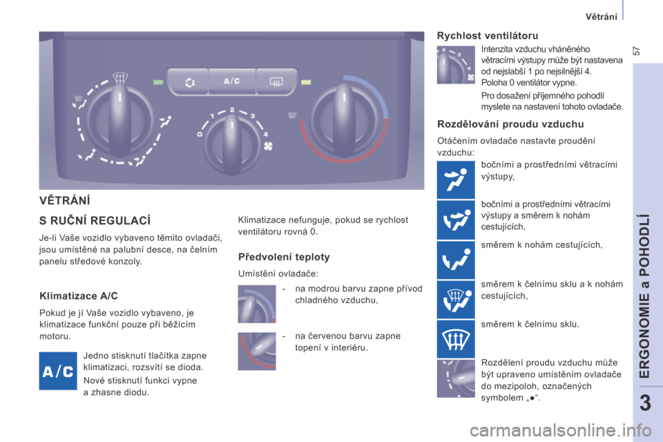 Peugeot Expert Tepee 2014  Návod k obsluze (in Czech)  57
   Větrání   
ERGONOMIE a POHODLÍ
3
 S RUČNÍ REGULACÍ 
 Je-li Vaše vozidlo vybaveno těmito ovladači, 
jsou umístěné na palubní desce, na čelním 
panelu středové konzoly. 
  Rozd�