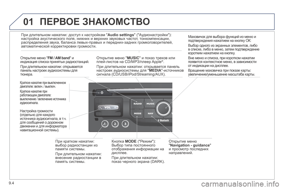 Peugeot Expert Tepee 2014  Инструкция по эксплуатации (in Russian) 9.4
01 ПЕРВОЕ ЗНАКОМСТВО 
  Открытие меню " Navigation - guidance "  и просмотр последних направлений.  
  Краткое нажатие при