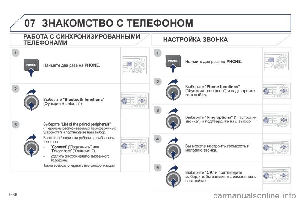 Peugeot Expert Tepee 2014 Инструкция по эксплуатации (in Russian) 9.36
07
Нажмите два раза на PHONE .
Выберите " List of the paired peripherals " ("Перечень распознаваемых периферийных устройс Peugeot Expert Tepee 2014 Инструкция по эксплуатации (in Russian) 9.36
07
Нажмите два раза на PHONE .
Выберите " List of the paired peripherals " ("Перечень распознаваемых периферийных устройс