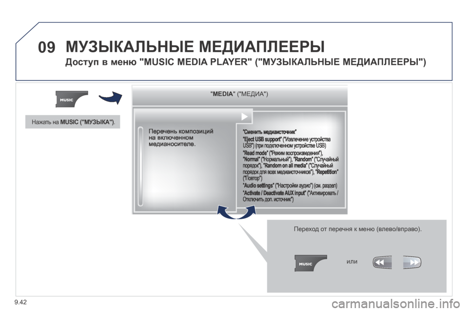 Peugeot Expert Tepee 2014 Инструкция по эксплуатации (in Russian) 9.42
09 МУЗЫКАЛЬНЫЕ МЕДИАПЛЕЕРЫ
Доступ в меню "MUSIC MEDIA PLAYER" ("МУЗЫКАЛЬНЫЕ МЕДИАПЛЕЕРЫ")
" " " " " " " " " " Peugeot Expert Tepee 2014 Инструкция по эксплуатации (in Russian) 9.42
09 МУЗЫКАЛЬНЫЕ МЕДИАПЛЕЕРЫ
Доступ в меню "MUSIC MEDIA PLAYER" ("МУЗЫКАЛЬНЫЕ МЕДИАПЛЕЕРЫ")
" " " " " " " " " "