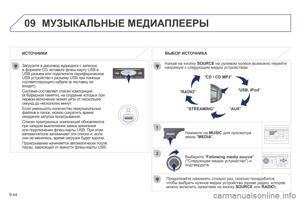 Peugeot Expert Tepee 2014 Инструкция по эксплуатации (in Russian) 9.44
09 МУЗЫКАЛЬНЫЕ МЕДИАПЛЕЕРЫ
Загрузите в дисковод аудиодиск с записью в формате CD, вставьте флеш-карту USB в U Peugeot Expert Tepee 2014 Инструкция по эксплуатации (in Russian) 9.44
09 МУЗЫКАЛЬНЫЕ МЕДИАПЛЕЕРЫ
Загрузите в дисковод аудиодиск с записью в формате CD, вставьте флеш-карту USB в U