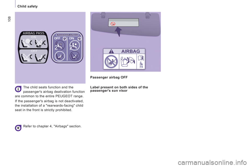 Peugeot Expert Tepee 2013 Owners Manual 108
Child safety
The child seats function and the
passengers airbag deativation function
are common to the entire PEUGEOT range.
If the passengers airbag is not deactivated,
the installati Peugeot Expert Tepee 2013 Owners Manual 108
Child safety
The child seats function and the
passengers airbag deativation function
are common to the entire PEUGEOT range.
If the passengers airbag is not deactivated,
the installati