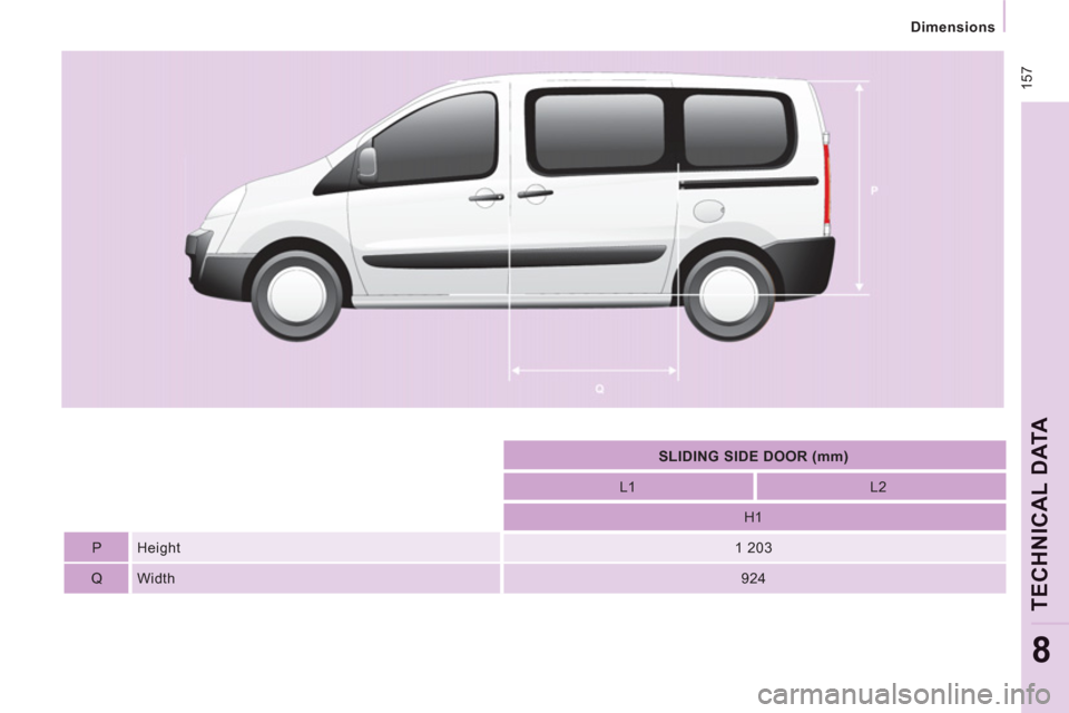 Peugeot Expert Tepee 2013  Owners Manual  157
Dimensions  
 
TECHNICAL DAT
A
8
 
 
 
    
 
 
SLIDING SIDE DOOR (mm)  
 
 
 
 
    
 
L1   
 
 
  
 
L2  
 
 
 
   
   
 
  
 
H1   
 
 
 
 
 
P   Height  
 
 
  
 
1 203   
 
 
 
 
 
Q   Width