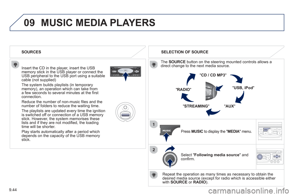 Peugeot Expert Tepee 2013  Owners Manual 9.44
09MUSIC MEDIA PLAYERS 
  Insert the CD in the player, insert the USBmemory stick in the USB player or connect theUSB peripheral to the USB port using a suitablecable (not supplied)
 The system bu