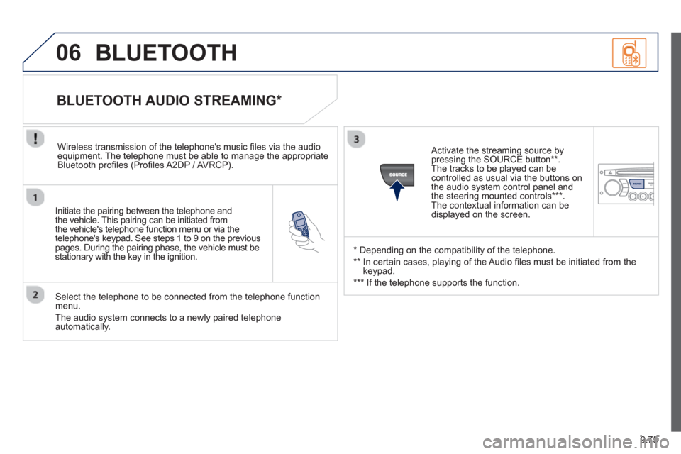 Peugeot Expert Tepee 2013  Owners Manual 9.75
06
   
Initiate the pairing between the telephone and
the vehicle. This pairing can be initiated from 
the vehicles telephone function menu or via the
telephones keypad. See steps 1 to 9 on the