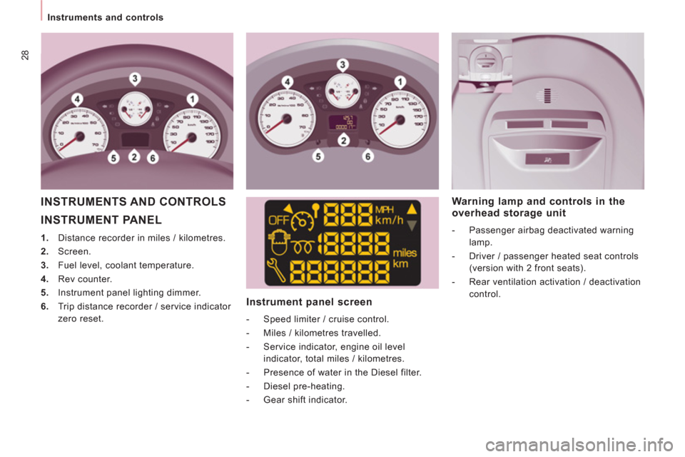 Peugeot Expert Tepee 2013  Owners Manual 28
   
 
Instruments and controls  
 
 
INSTRUMENT PANEL
 
 
 
1. 
  Distance recorder in miles / kilometres. 
   
2. 
 Screen. 
   
3. 
  Fuel level, coolant temperature. 
   
4. 
 Rev counter. 
   
