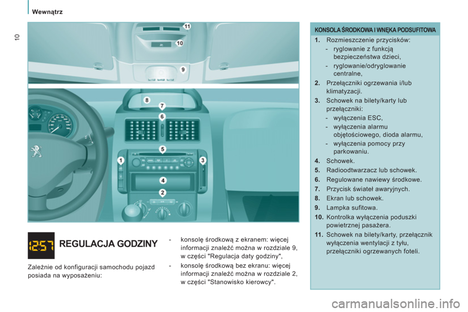 Peugeot Expert Tepee 2013  Instrukcja Obsługi (in Polish)    
 
Wewnątrz 
10 
 
KONSOLA ŚRODKOWA I WNĘKA PODSUFITOWA 
 
 
 
1. 
 Rozmieszczenie przycisków: 
   
 
-   ryglowanie z funkcją 
bezpieczeństwa dzieci, 
   
-  ryglowanie/odryglowanie 
central