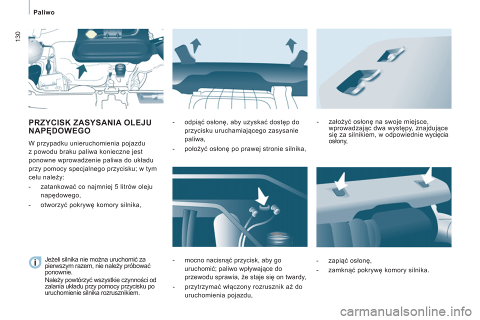 Peugeot Expert Tepee 2013  Instrukcja Obsługi (in Polish) 130
   
 
Paliwo 
PRZYCISK ZASYSANIA OLEJU 
NAPĘDOWEGO 
 
W przypadku unieruchomienia pojazdu 
z powodu braku paliwa konieczne jest 
ponowne wprowadzenie paliwa do układu 
przy pomocy specjalnego pr