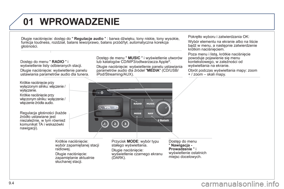 Peugeot Expert Tepee 2013  Instrukcja Obsługi (in Polish) 9.4
01  WPROWADZENIE 
 
 Dostęp do menu 
"  Nawigacja -
Prowadzeni
e" i wyświetlenie ostatnich miejsc docelowych.
Kr