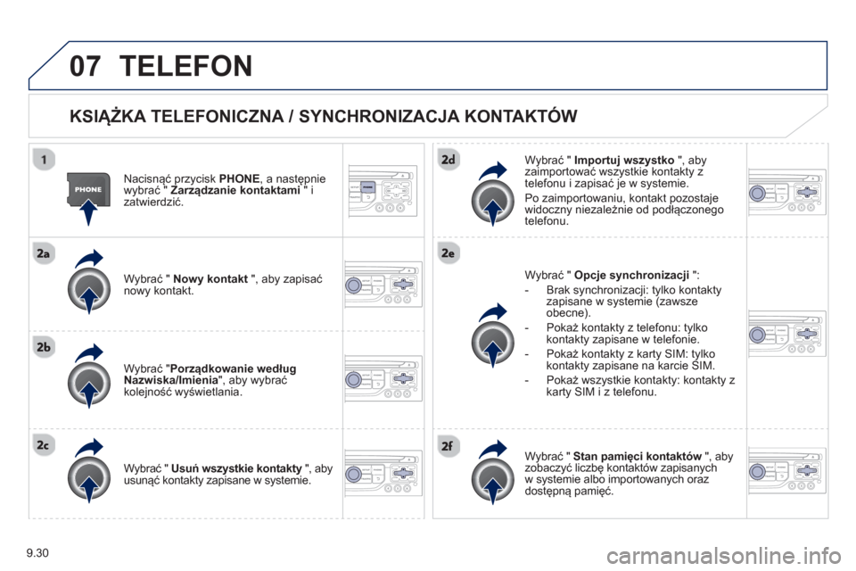 Peugeot Expert Tepee 2013  Instrukcja Obsługi (in Polish) 9.30
07TELEFON 
   
KSIĄŻKA TELEFONICZNA / SYNCHRONIZACJA KONTAKTÓW 
 
 
Nacisnąć przycisk PHONE 
, a następniewybrać " Zarządzanie kontaktami"izatwierdzić.  
   
W
ybrać "  Nowy kontakt 
 "