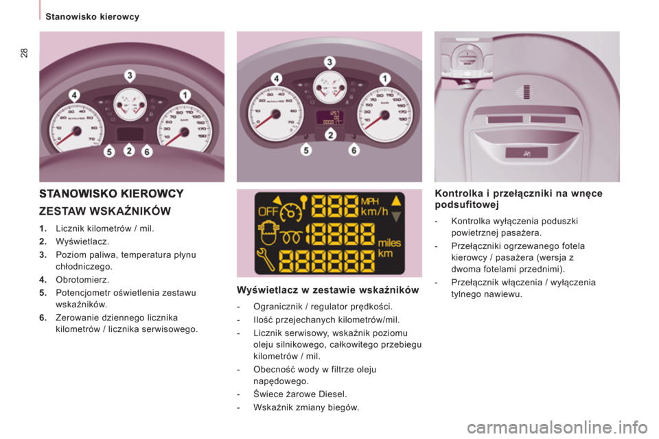 Peugeot Expert Tepee 2013  Instrukcja Obsługi (in Polish) 28
   
 
Stanowisko kierowcy  
 
 
ZESTAW WSKAŹNIKÓW 
 
 
 
1. 
  Licznik kilometrów / mil. 
   
2. 
 Wyświetlacz. 
   
3. 
  Poziom paliwa, temperatura płynu 
chłodniczego. 
   
4. 
 Obrotomier