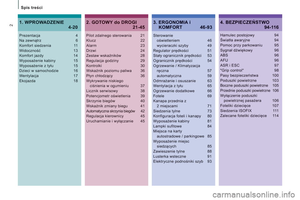 Peugeot Expert Tepee 2013  Instrukcja Obsługi (in Polish) 2
   
Spis treści  
Pilot zdalnego sterowania 21Klucz 22Alarm 23Drzwi 24Zestaw wskaźników 28Regulacja godziny 29Kontrolki 30Wskaźnik poziomu paliwa  36Płyn chłodzący 36Wykrywanie niskiego ciśn