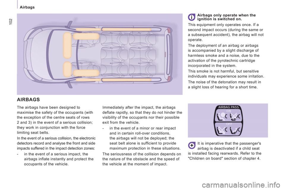 Peugeot Expert Tepee 2012  Owners Manual 102
Airbags
  The airbags have been designed to 
maximise the safety of the occupants (with 
the exception of the centre seats of rows 
2 and 3) in the event of a serious collision; 
they work in conj