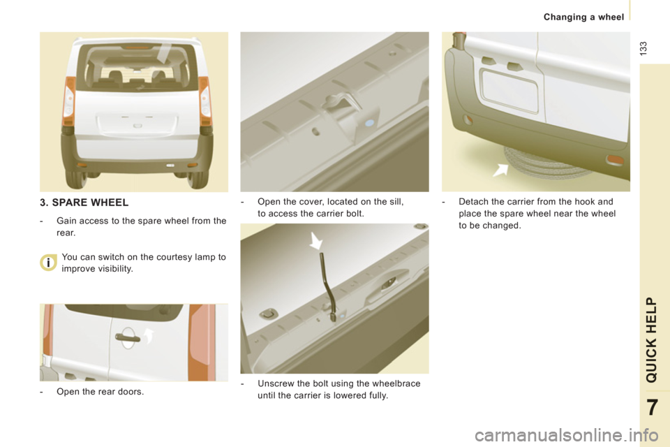 Peugeot Expert Tepee 2012  Owners Manual  133
   
 
Changing a wheel
QUICK HEL
P
7
 
 
-   Open the cover, located on the sill, 
to access the carrier bolt. 
   
-   Unscrew the bolt using the wheelbrace 
until the carrier is lowered fully. 