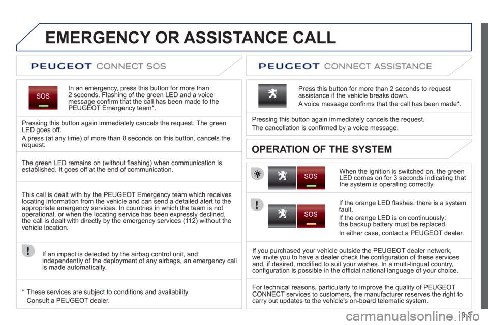 Peugeot Expert Tepee 2012 User Guide 9.3
EMERGENCY OR ASSISTANCE CALL
In an emergency, press this button for more than2 seconds. Flashing of the green LED and a voice 
message conﬁ rm that the call has been made to the 
PEUGEOT Emergen