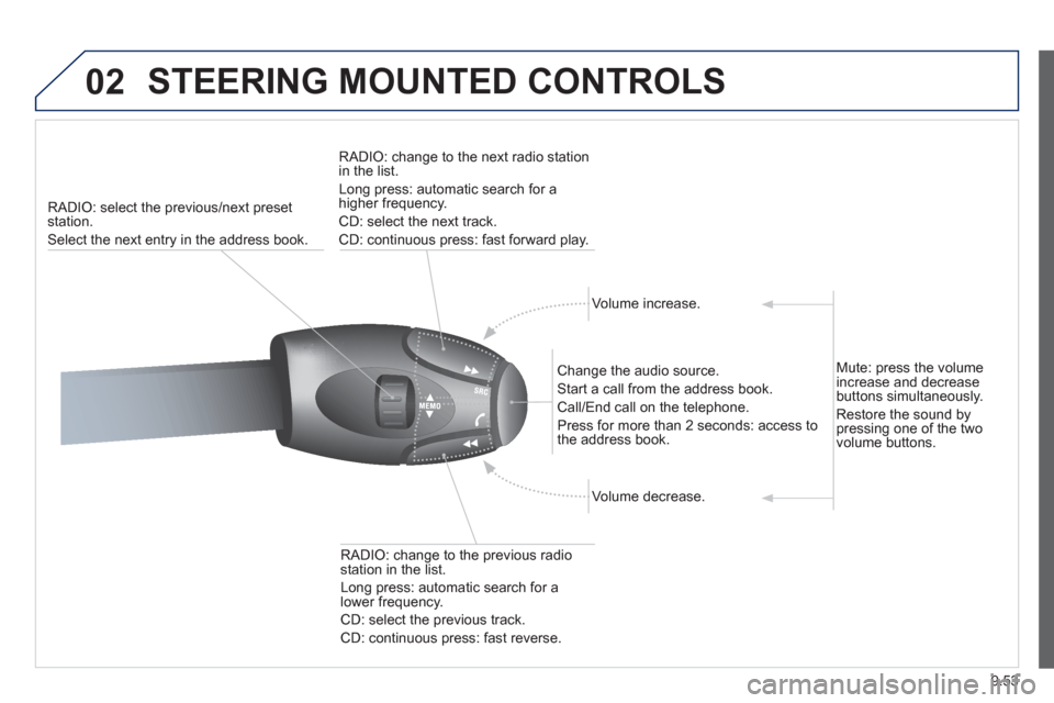 Peugeot Expert Tepee 2012  Owners Manual 9.53
02  STEERING MOUNTED CONTROLS 
RADIO: select the previous/next preset station. 
Select the next entr
y in the address book.RADI
O: change to the next radio station in the list. 
Lon
g press: auto