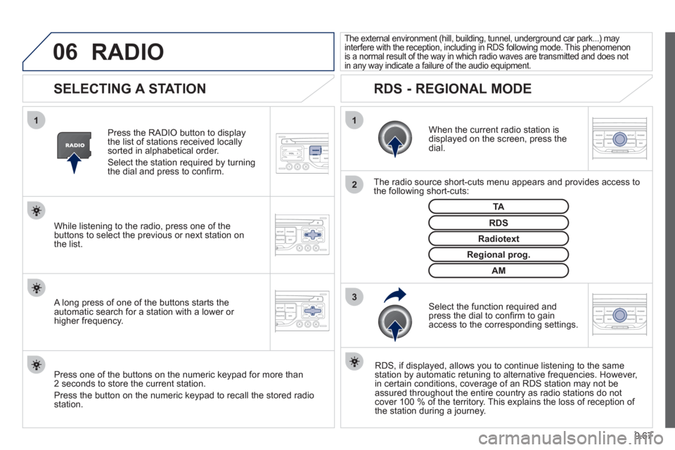 Peugeot Expert Tepee 2012  Owners Manual 9.67
06
3 2 1 1
 
 
 
 
 
 
 
SELECTING A STATION 
 
 
When the current radio station isdisplayed on the screen, press thedial.  
   
The radio source short-cuts menu appears and provides access to 
t