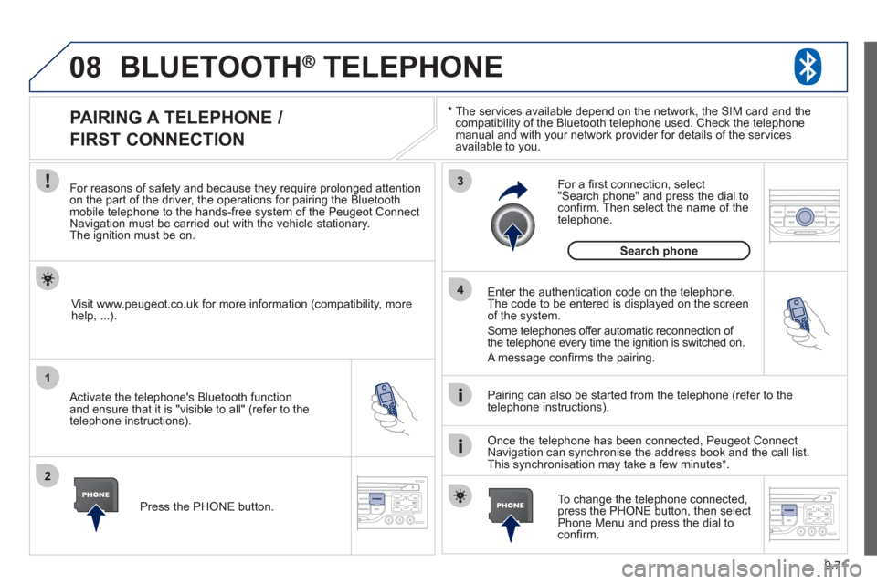 Peugeot Expert Tepee 2012  Owners Manual 9.71
08
1
2
3
4
BLUETOOTH®   TELEPHONE®
*  
  The services available depend on the network, the SIM card and thecompatibility of the Bluetooth telephone used. Check the telephone 
manual and with yo
