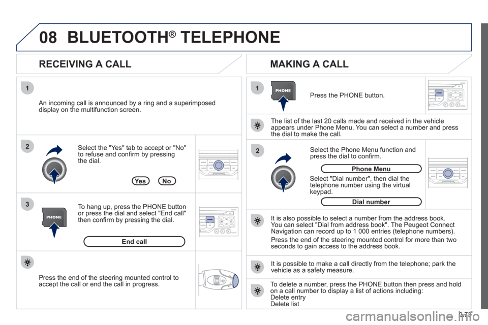 Peugeot Expert Tepee 2012  Owners Manual 9.73
08
1
3 2
2 1Select the "Yes" tab to accept or "No"
to refuse and conﬁ rm by pressing 
the dial. 
   
RECEIVING A CALL    
MAKING A CALL 
 
 An incoming call is announced by a ring and a superim