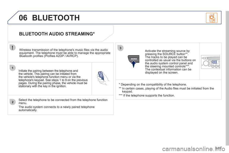 Peugeot Expert Tepee 2012  Owners Manual 9.97
1
2
3
SOURCE
06
   
Initiate the pairing between the telephone and
the vehicle. This pairing can be initiated from 
the vehicles telephone function menu or via the
telephones ke
ypad. See steps