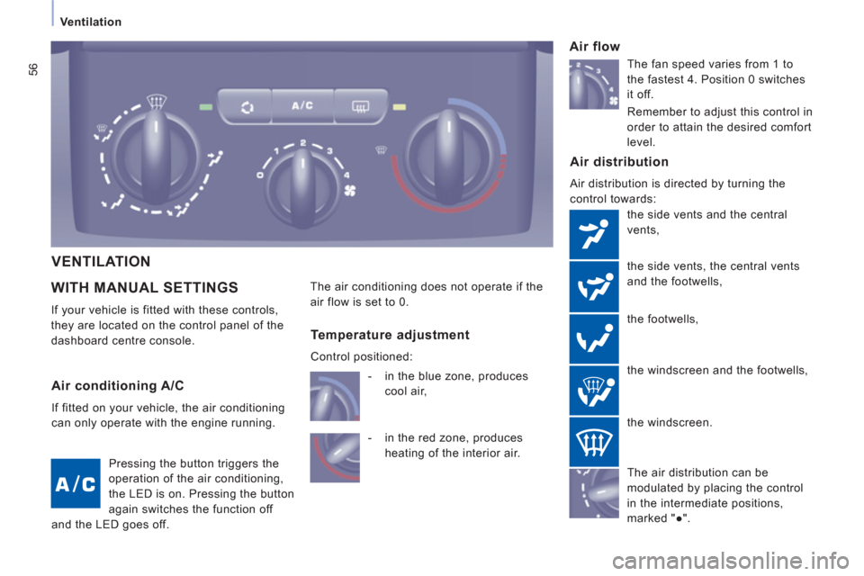 Peugeot Expert Tepee 2012  Owners Manual 56
   
 Ventilation 
WITH MANUAL SETTINGS
 
If your vehicle is fitted with these controls, 
they are located on the control panel of the 
dashboard centre console. 
   Air distribution 
 
Air distribu