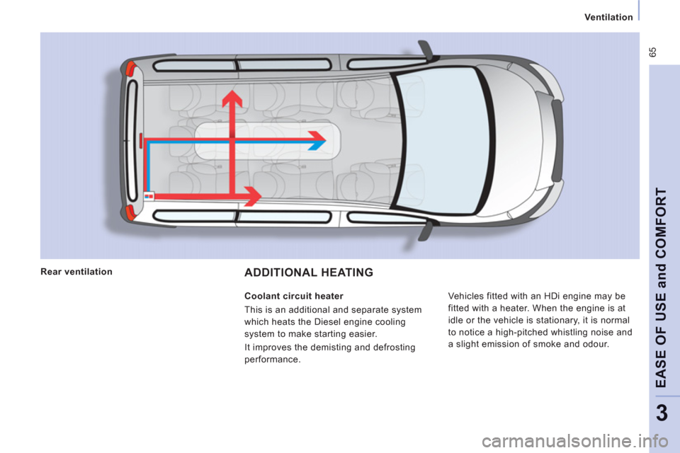Peugeot Expert Tepee 2012 Repair Manual 65
Ventilation
EASE OF USE and COMFOR
T
3
ADDITIONAL HEATING
Vehicles fitted with an HDi engine may be
fitted with a heater. When the engine is at
idle or the vehicle is stationary, it i Peugeot Expert Tepee 2012 Repair Manual 65
Ventilation
EASE OF USE and COMFOR
T
3
ADDITIONAL HEATING
Vehicles fitted with an HDi engine may be
fitted with a heater. When the engine is at
idle or the vehicle is stationary, it i