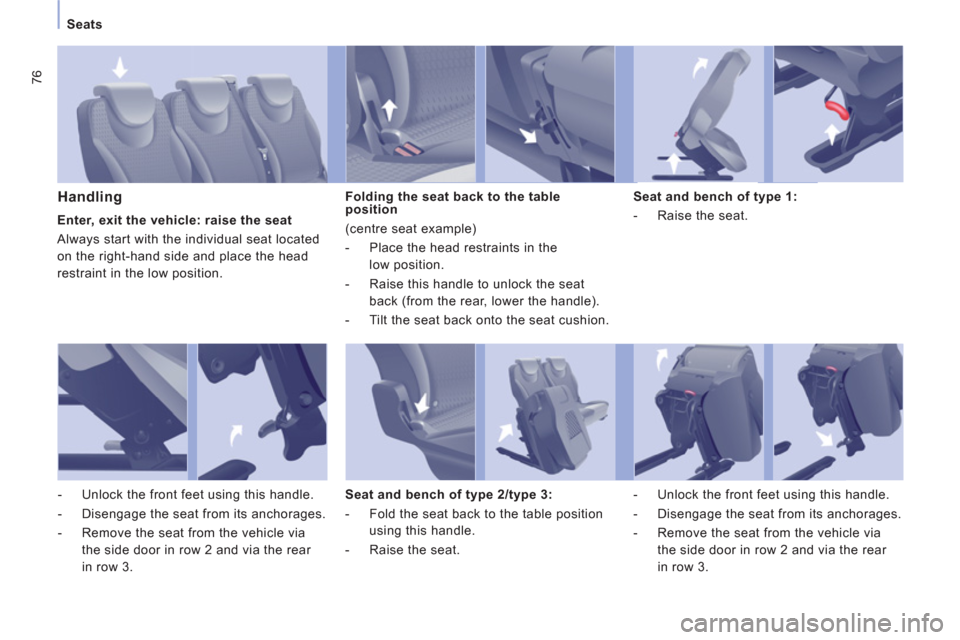 Peugeot Expert Tepee 2012 Owners Manual 76
Seats
Handling
Folding the seat back to the table
position
(centre seat example)
- Place the head restraints in the
low position.
- Raise this handle to unlock the seat Peugeot Expert Tepee 2012 Owners Manual 76
Seats
Handling
Folding the seat back to the table
position
(centre seat example)
- Place the head restraints in the
low position.
- Raise this handle to unlock the seat