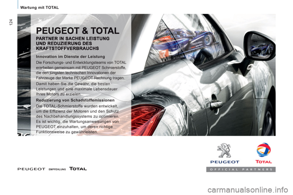 Peugeot Expert Tepee 2012 Betriebsanleitung (in German) 124
Wartung mit TOTAL
EMPFEHLUNG
Innovation im Dienste der Leistung
Die Forschungs- und Entwicklungsteams von TOTAL
erarbeiten gemeinsam mit PEUGEOT Schmierstoffe,
die den j Peugeot Expert Tepee 2012 Betriebsanleitung (in German) 124
Wartung mit TOTAL
EMPFEHLUNG
Innovation im Dienste der Leistung
Die Forschungs- und Entwicklungsteams von TOTAL
erarbeiten gemeinsam mit PEUGEOT Schmierstoffe,
die den j