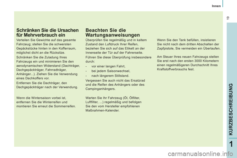 Peugeot Expert Tepee 2012  Betriebsanleitung (in German)  19
   
 
Innen
KURZBESCHREIBUNG
1
Schränken Sie die Ursachen 
für Mehrverbrauch ein
 
 
Verteilen Sie Gewichte auf das gesamte 
Fahrzeug; stellen Sie die schwersten 
Gepäckstücke hinten in den Ko
