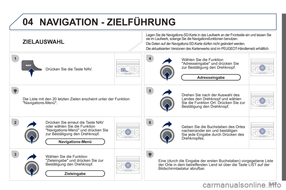 Peugeot Expert Tepee 2012 Betriebsanleitung (in German) 9.57
04
1
2
3
5
6
4
NAVIGATION - ZIELFÜHRUNG
ZIELAUSWAHL
Drücken Sie erneut die Taste NAVoder wählen Sie die Funktion "Navigations-Menü" und drücken Sie
zur Be Peugeot Expert Tepee 2012 Betriebsanleitung (in German) 9.57
04
1
2
3
5
6
4
NAVIGATION - ZIELFÜHRUNG
ZIELAUSWAHL
Drücken Sie erneut die Taste NAVoder wählen Sie die Funktion "Navigations-Menü" und drücken Sie
zur Be