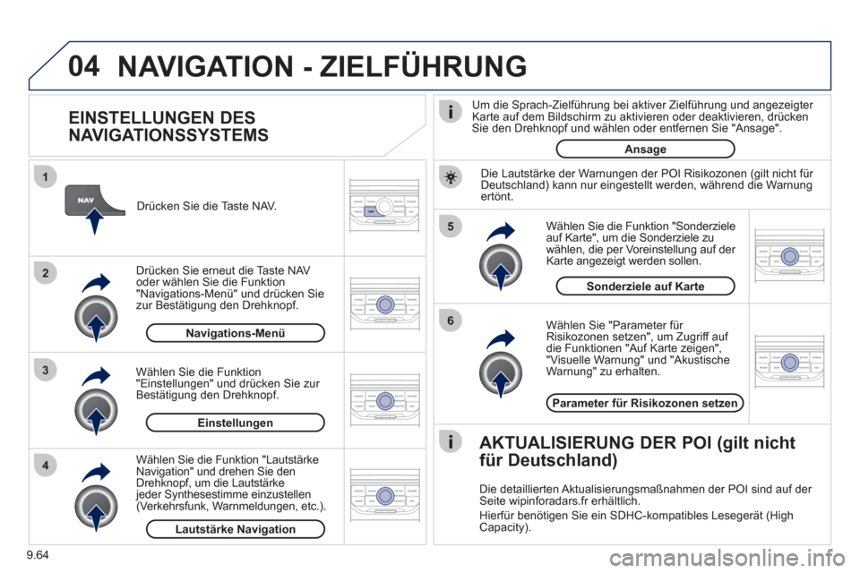 Peugeot Expert Tepee 2012 Betriebsanleitung (in German) 9.64
04
5
6
3 2 1
4
EINSTELLUNGEN DES
NAVIGATIONSSYSTEMS
Wählen Sie "Parameter für Risikozonen setzen" , um Zugriff auf
die Funktionen "Auf Karte zeigen" ,
"Visuelle Warnung" und "A Peugeot Expert Tepee 2012 Betriebsanleitung (in German) 9.64
04
5
6
3 2 1
4
EINSTELLUNGEN DES
NAVIGATIONSSYSTEMS
Wählen Sie "Parameter für Risikozonen setzen" , um Zugriff auf
die Funktionen "Auf Karte zeigen" ,
"Visuelle Warnung" und "A