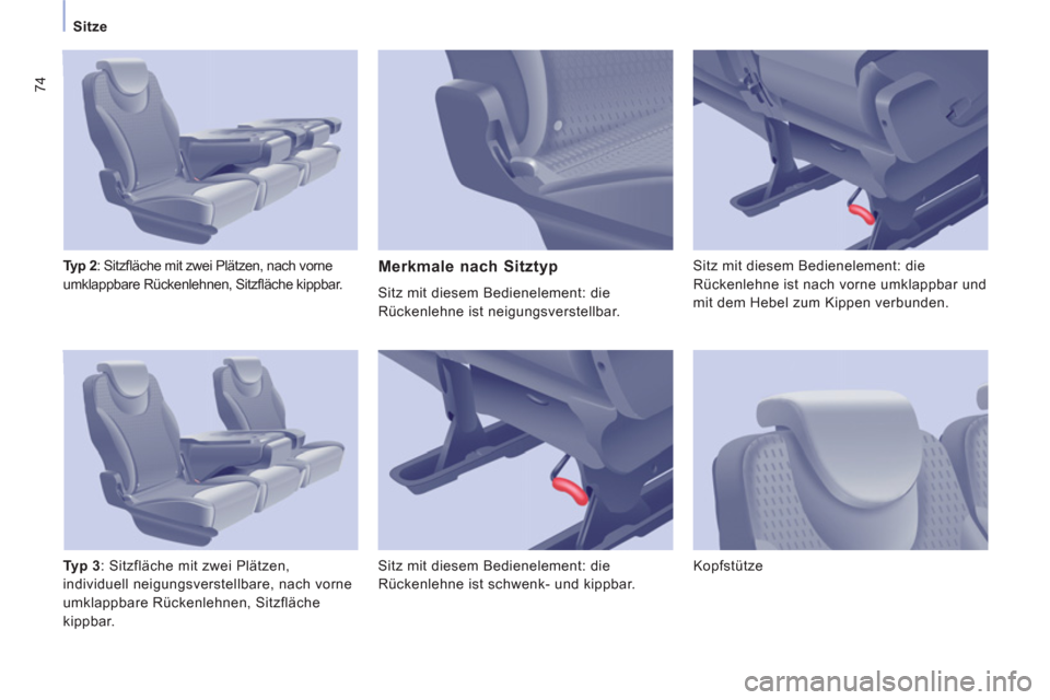 Peugeot Expert Tepee 2012  Betriebsanleitung (in German) 74
   
 
Sitze 
   
Typ 2 
: Sitzﬂ äche mit zwei Plätzen, nach vorne 
umklappbare Rückenlehnen, Sitzﬂ äche kippbar. 
   
Typ 3 
: Sitzfläche mit zwei Plätzen, 
individuell neigungsverstellba