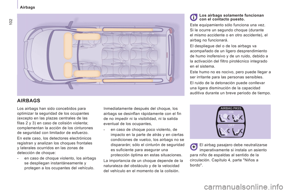 Peugeot Expert Tepee 2012  Manual del propietario (in Spanish) 102
Airbags
  Los airbags han sido concebidos para 
optimizar la seguridad de los ocupantes 
(excepto en las plazas centrales de las 
filas 2 y 3) en caso de colisión violenta; 
complementan la acci