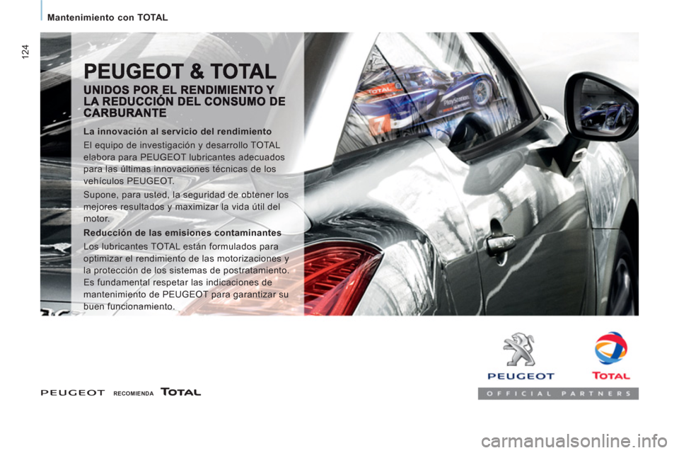 Peugeot Expert Tepee 2012  Manual del propietario (in Spanish) 124
   
 
Mantenimiento con TOTAL  
 
 
 
 
RECOMIENDA  
 
 
 
 
La innovación al servicio del rendimiento 
  El equipo de investigación y desarrollo TOTAL 
elabora para PEUGEOT lubricantes adecuado