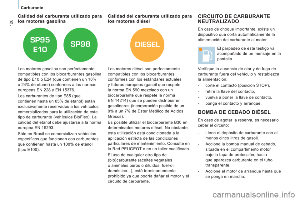 Peugeot Expert Tepee 2012  Manual del propietario (in Spanish) DIESEL
126
   
 
Carburante 
 
CIRCUITO DE CARBURANTE
NEUTRALIZADO
  En caso de choque importante, existe un 
dispositivo que corta automáticamente la 
alimentación del carburante al motor. 
  BOMBA