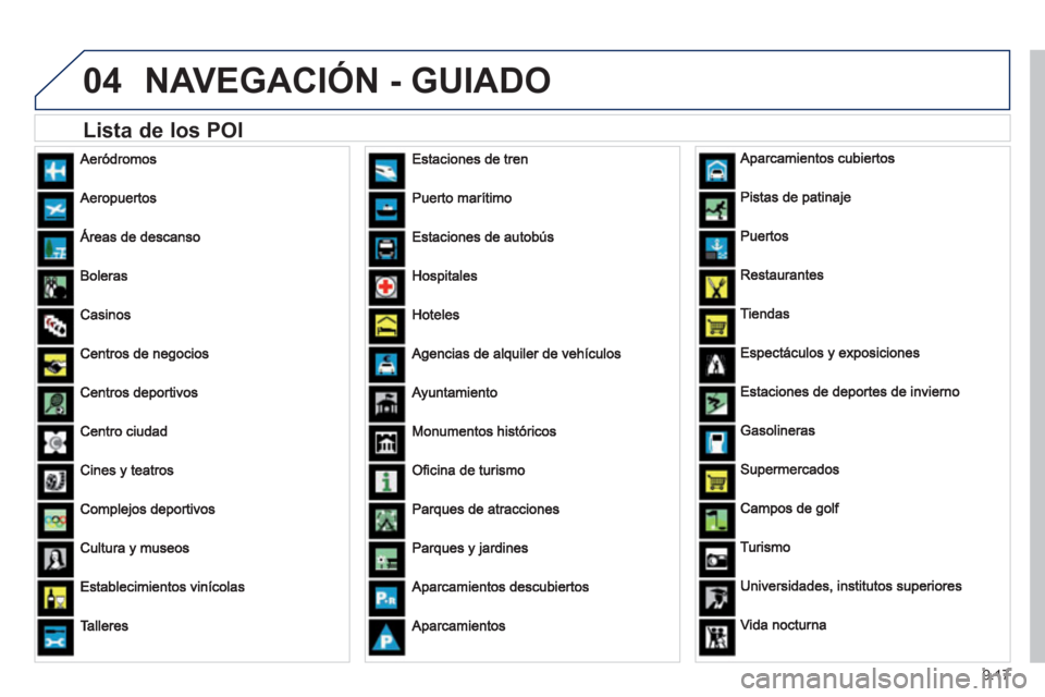 Peugeot Expert Tepee 2012  Manual del propietario (in Spanish) 9.17
04NAVEGACIÓN - GUIADO
   
Lista de los POI  