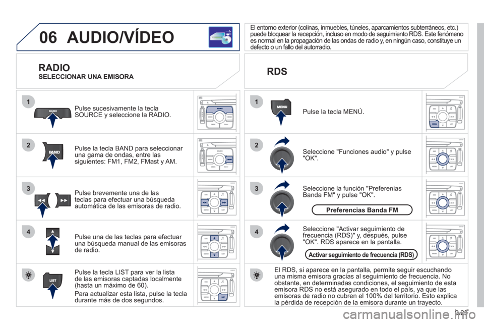 Peugeot Expert Tepee 2012  Manual del propietario (in Spanish) 9.25
06
1
2
4
3
1
2
4
3
AUDIO/VÍDEO 
   
RADIO 
Pulse la tecla BAND para seleccionar una gama de ondas, entre las
siguientes: FM1, FM2, FMast y AM.   P
ulse sucesivamente la tecla SOURCE y seleccione