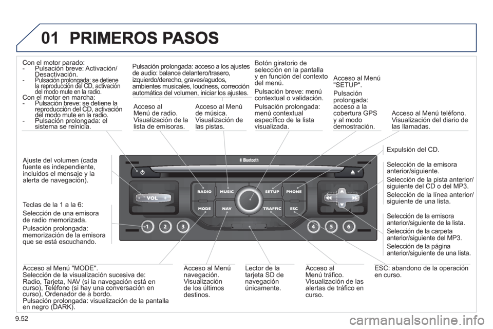 Peugeot Expert Tepee 2012  Manual del propietario (in Spanish) 9.52
01
Con el motor parado:  - Pulsación breve: Activación/pp
Desactivación.  -  Pulsación prolongada: se detienela reproducción del CD, activación pgpg
del modo mute en la radio. pp
Con el mot