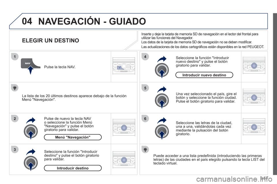 Peugeot Expert Tepee 2012  Manual del propietario (in Spanish) 9.57
04
1
2
3
5
6
4
  NAVEGACIÓN - GUIADO 
 
 
 
 
 
 
 
 
 
 
 
 
ELEGIR UN DESTINO 
Pulse de nuevo la tecla NAV o seleccione la función Menú "Navegación" y pulse el botón giratorio para validar
