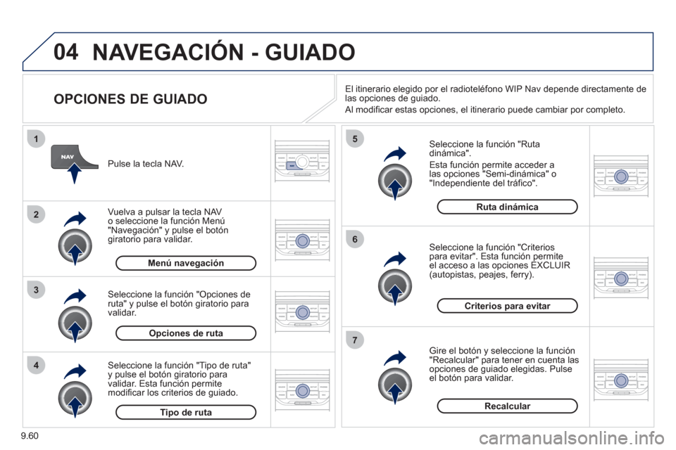 Peugeot Expert Tepee 2012  Manual del propietario (in Spanish) 9.60
04
4
3
2
1
7
6
5
NAVEGACIÓN - GUIADO
   
OPCIONES DE GUIADO 
 
 Seleccione la función "Ruta dinámica". 
  Esta 
función permite acceder alas opciones "Semi-dinámica" o"Independiente del trá