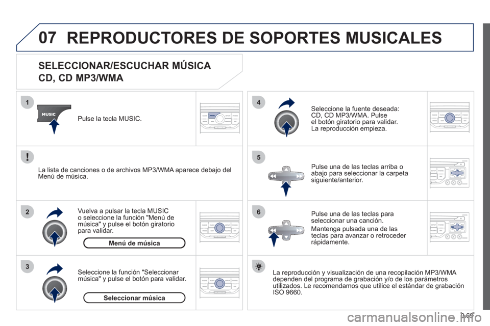 Peugeot Expert Tepee 2012 Manual del propietario (in Spanish) 9.69
07
3 2 1
6
4
5
SELECCIONAR/ESCUCHAR MÚSICA
CD, CD MP3/WMA
La reproducción y visualización de una recopilación MP3/WMA
dependen del programa de grabación y/o de Peugeot Expert Tepee 2012 Manual del propietario (in Spanish) 9.69
07
3 2 1
6
4
5
SELECCIONAR/ESCUCHAR MÚSICA
CD, CD MP3/WMA
La reproducción y visualización de una recopilación MP3/WMA
dependen del programa de grabación y/o de
