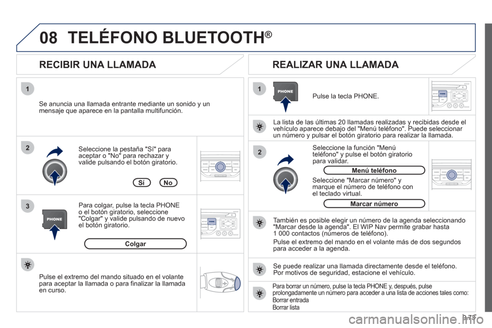 Peugeot Expert Tepee 2012 Manual del propietario (in Spanish) 9.73
08
1
3 2
2 1Seleccione la pestaña "Sí" para aceptar o "No" para rechazar y
valide pulsando el botón giratorio.
RECIBIR UNA LLAMADA
REALIZAR UNA LLAMADA
Se anuncia una llamada ent Peugeot Expert Tepee 2012 Manual del propietario (in Spanish) 9.73
08
1
3 2
2 1Seleccione la pestaña "Sí" para aceptar o "No" para rechazar y
valide pulsando el botón giratorio.
RECIBIR UNA LLAMADA
REALIZAR UNA LLAMADA
Se anuncia una llamada ent