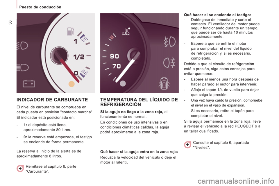 Peugeot Expert Tepee 2012 Manual del propietario (in Spanish) 36
Puesto de conducción
INDICADOR DE CARBURANTE
El nivel de carburante se comprueba en
cada puesta en posición "contacto marcha".
El indicador está posicionado en:
TEMPERATURA DEL LÍQUID Peugeot Expert Tepee 2012 Manual del propietario (in Spanish) 36
Puesto de conducción
INDICADOR DE CARBURANTE
El nivel de carburante se comprueba en
cada puesta en posición "contacto marcha".
El indicador está posicionado en:
TEMPERATURA DEL LÍQUID