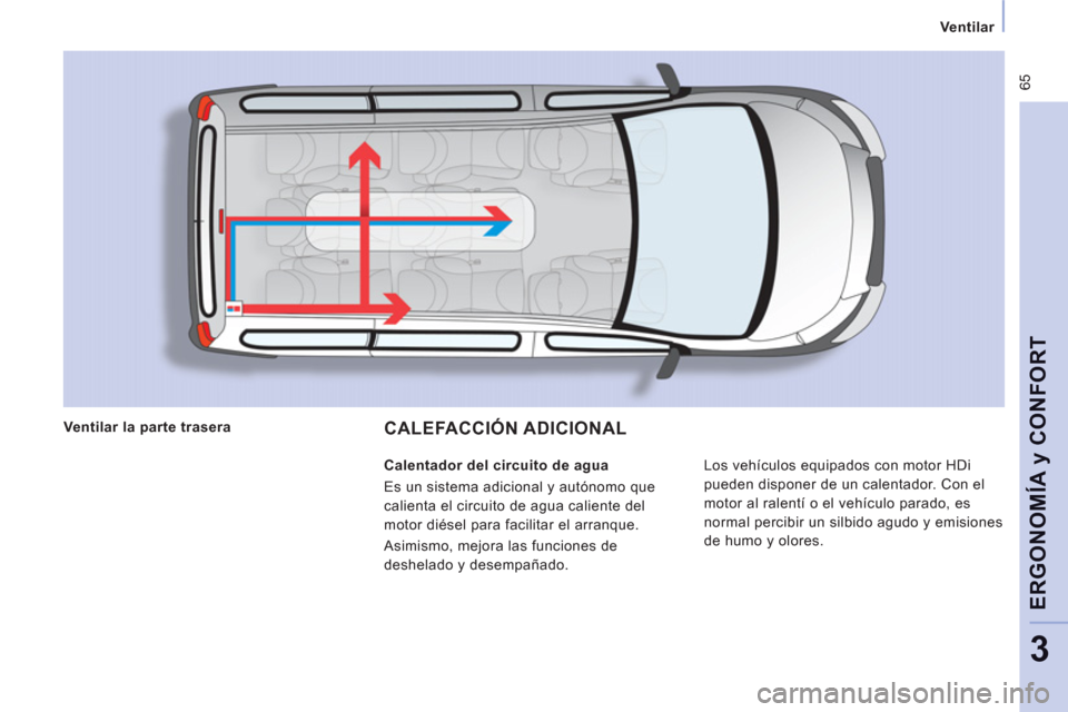 Peugeot Expert Tepee 2012  Manual del propietario (in Spanish)  65
Ventilar   
 
ERGONOMÍA 
y CONFOR
T
3
CALEFACCIÓN ADICIONAL 
 
Los vehículos equipados con motor HDi 
pueden disponer de un calentador. Con el 
motor al ralentí o el vehículo parado, es 
norm