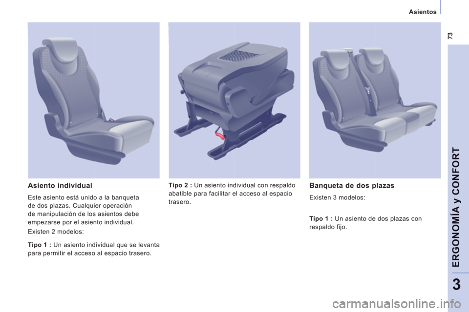 Peugeot Expert Tepee 2012  Manual del propietario (in Spanish)    
 
Asientos  
 
ERGONOMÍA 
y CONFOR
T
3
Tipo 2  
 
: 
 Un asiento individual con respaldo 
abatible para facilitar el acceso al espacio 
trasero.   
 Asiento individual 
 
Este asiento está unido