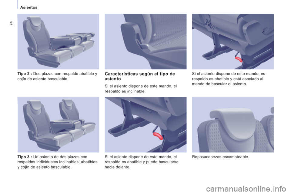 Peugeot Expert Tepee 2012  Manual del propietario (in Spanish) 74
Asientos
   
Tipo 2  
 
: 
 Dos plazas con respaldo abatible y 
cojín de asiento basculable. 
   
Tipo 3  
 
: 
 Un asiento de dos plazas con 
respaldos individuales inclinables, abatibles 
y coj