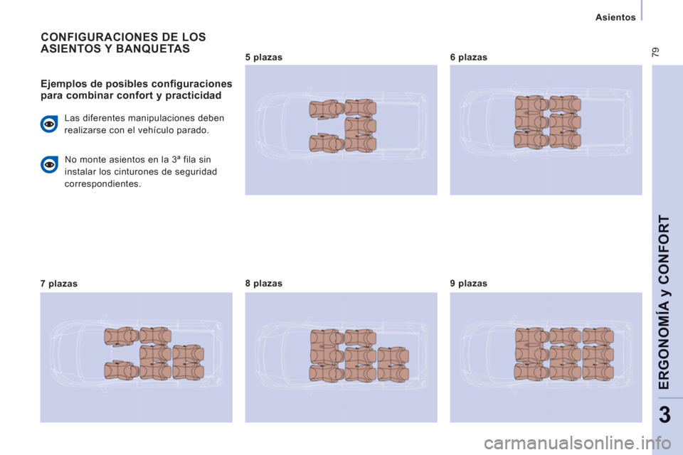 Peugeot Expert Tepee 2012  Manual del propietario (in Spanish)  79
   
 
Asientos  
 
ERGONOMÍA 
y CONFOR
T
3
 
CONFIGURACIONES DE LOS
ASIENTOS Y BANQUETAS 
   
Ejemplos de posibles configuraciones para combinar confort y practicidad 
 
Las diferentes manipulaci